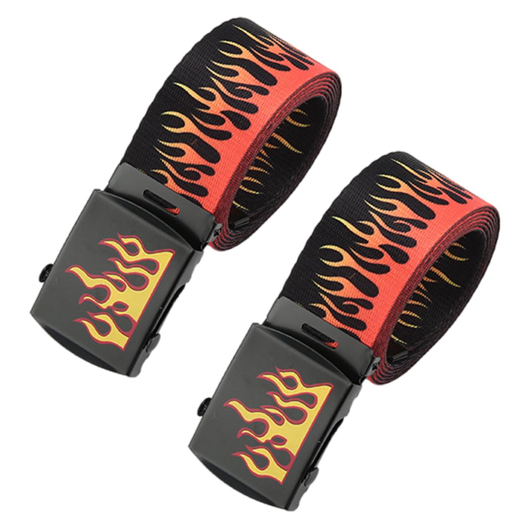 Hip Hop Style Flame Pattern Belt With Metal Buckles Durable Weave Fabric Adjustable Waist Strap For Punk Fashion Enthusiasts