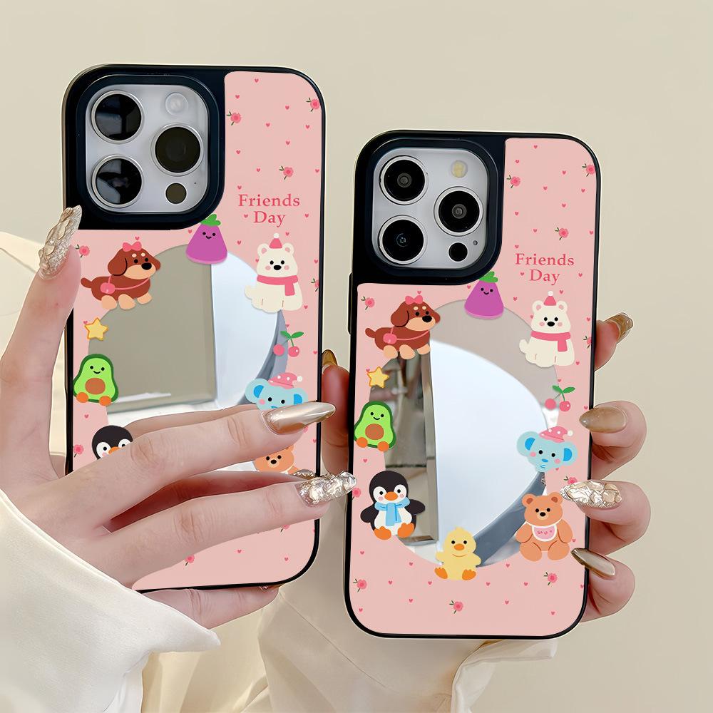 Circle animals are suitable for Apple 17ProMax black frame mirror mobile phone case 15 all-inclusive 13/12 niche 14 large holes