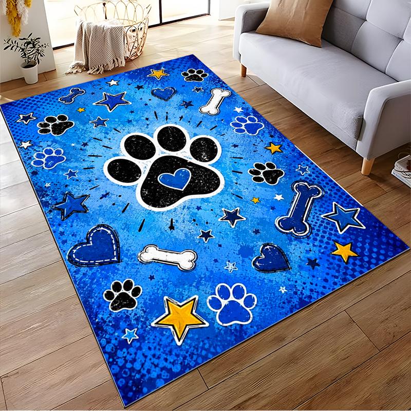 Blue Paw Print with Stars and Bones Theme Rug, Non-slip rug suitable for living room and bedroom sofas.