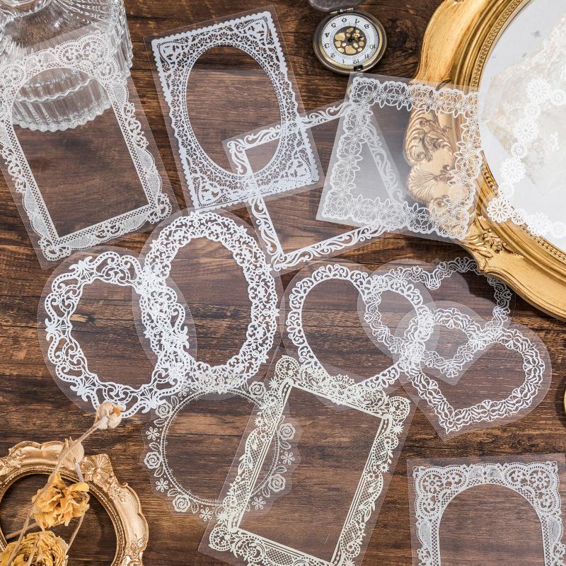 10-Sheet Premium Big-size Clear Lace Border Stickers, Elegant Hollow Lace Edges with Transparent Effect