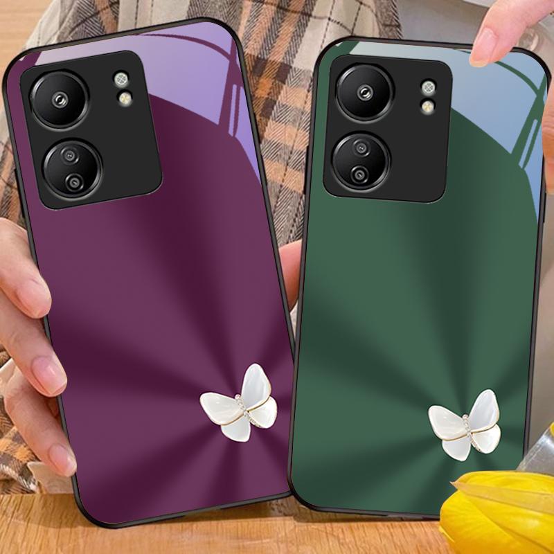 Gradient White Butterfly For Xiaomi Redmi 13C Note13 12 Pro Plus 5G Note 9 13T Pro POCO X6 F5 F6 Black Tempered Glass Phone Case