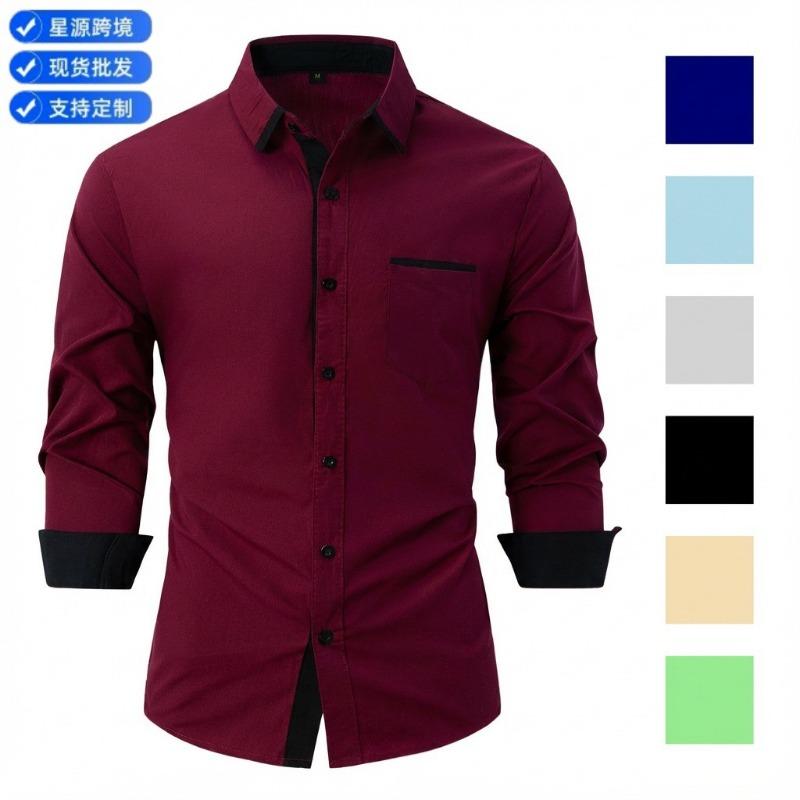 Mens Color Block Business Casual Long Sleeve Loose Fit Shirt