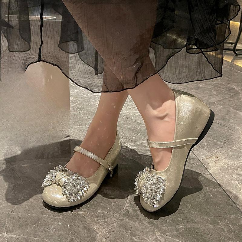 Inside Heightened Low Heel Single Shoes Women's Round Toe Shallow Slip Rhinestone Bow One Strap Soft Sole Low Top Shoes