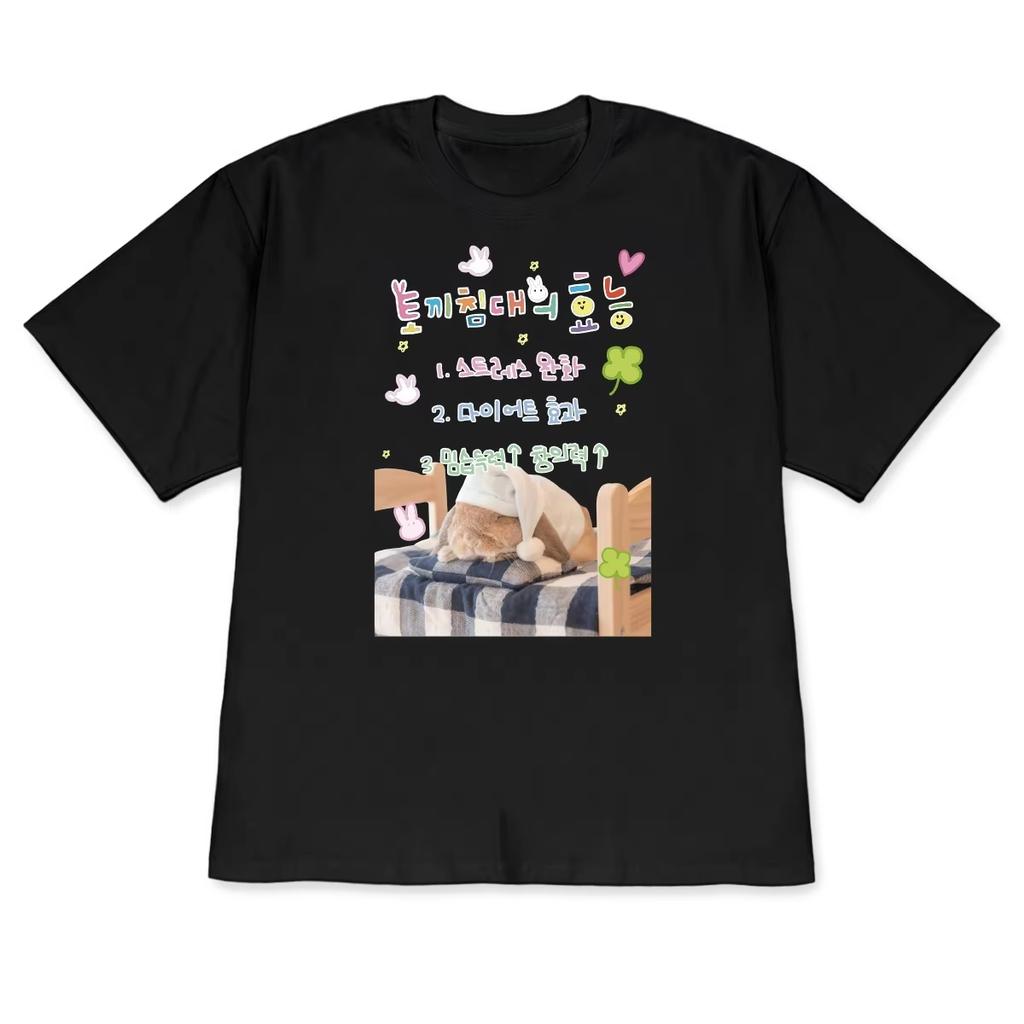 Kawaii Korean Style Shortsleeve Sleepy Cat Tshirt Cute Print Casual Versatile Y2k Top Aesthetic Crew Neck Tee For Unisex Unisex