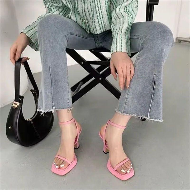 2025 spring and summer thick heel with high heels design sense niche pink sexy waterproof table square head sandals women