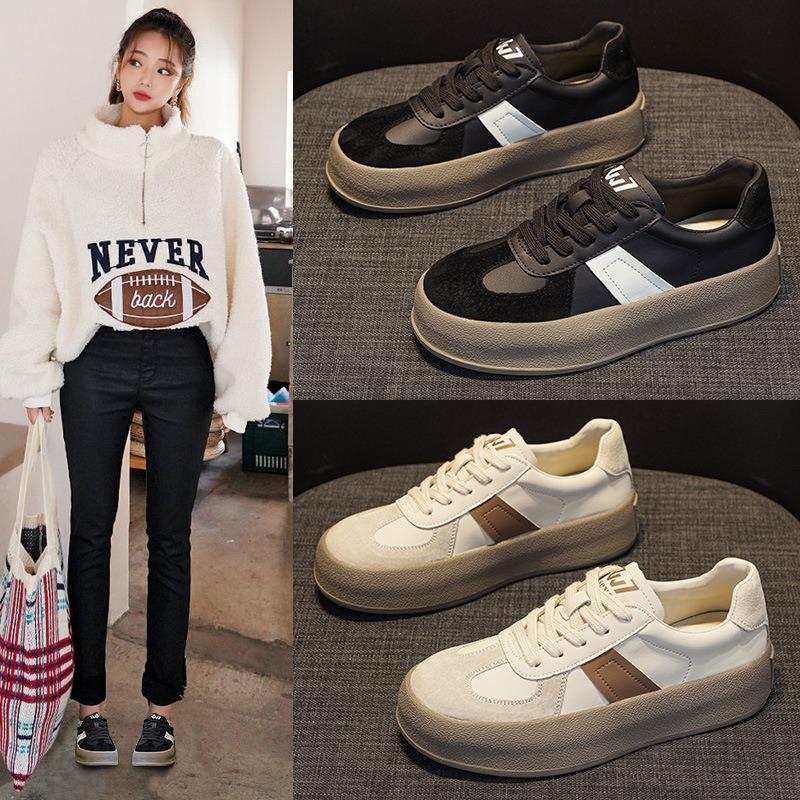 Color matching women's leather thick-soled white shoes autumn new light-mouth lace-up casual sports shoes