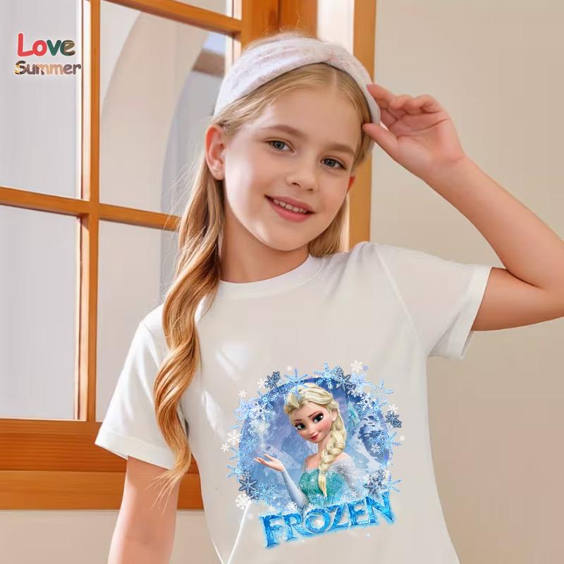 Dívčí tričko Sněhová vločka Elsa Kreslený potisk Ležérní kulatý výstřih Krátký rukáv Pružný střih Perfektní pro jaro 2026 Každodenní nošení