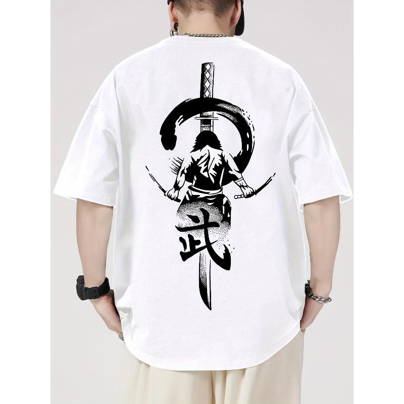 European Size Men'S Trendy Casual T-Shirt Featuring a Dark-Themed Japanese Samurai Sword Print, Breathable Short-Sleeve Top