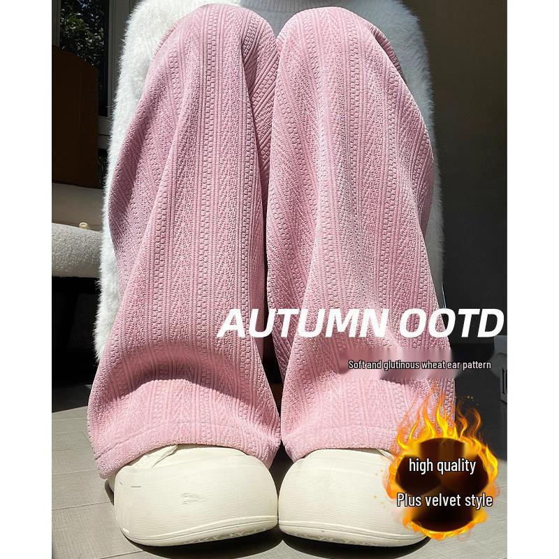 

Petite High-Waisted Pink Wheat Ear Chenille Fleece-Lined Wide-Leg Pants for Autumn/Winter S (80-95 jin)