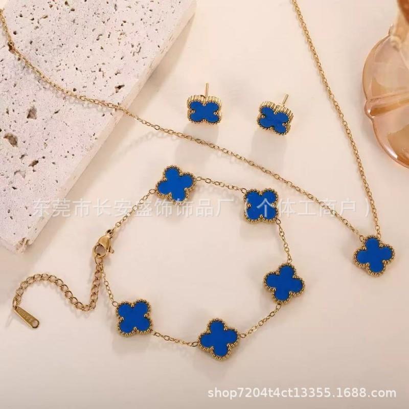 13mm Clover Pendant Necklace Earring Bracelet Set Women 18K Gold Plated Titanium Steel Jewelry Fashion OL Style