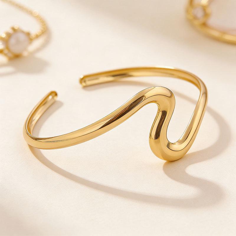 Geometric Wave Open Cuff Bracelet with Smooth Metal Finish - Irregular Fashion Style