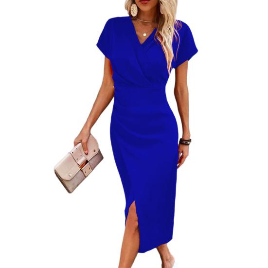 Women's Bodycon Midi Dress Short Sleeve V Neck Ruched Cocktail Party Dress Formal Slit Office Work Business Outfit