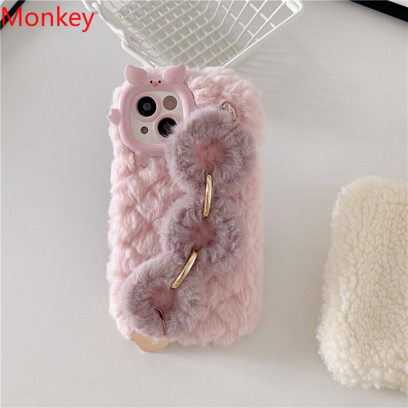 Cute Korean Fur Wrist Chain Silicone Case For iPhone 17 16 Pro Max 15Plus 14 13 12 11 Winter Furry Fluffy Plush Wrist Band Cover