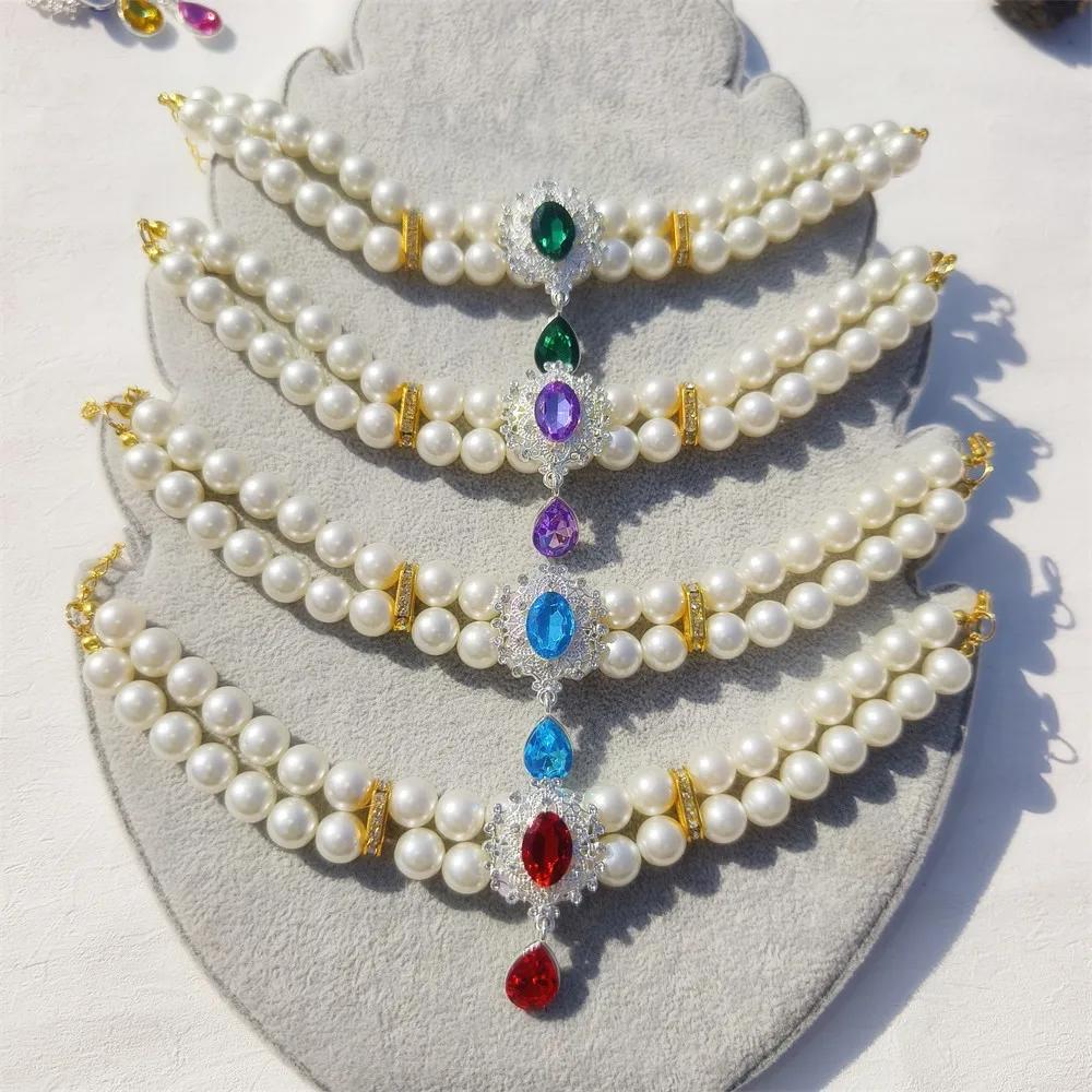 1pc Luxury Double Layer Pearl Pet Necklace with Diamond Pendant Wedding Costume Dog Cat Crystal Jewelry Accessories Pet Supplies