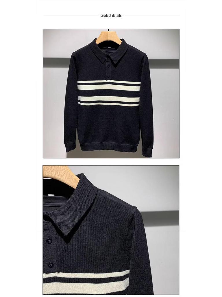 Men's Korean Color Block Striped Knit Polo Sweater - Trendy Autumn/Winter Fashion
