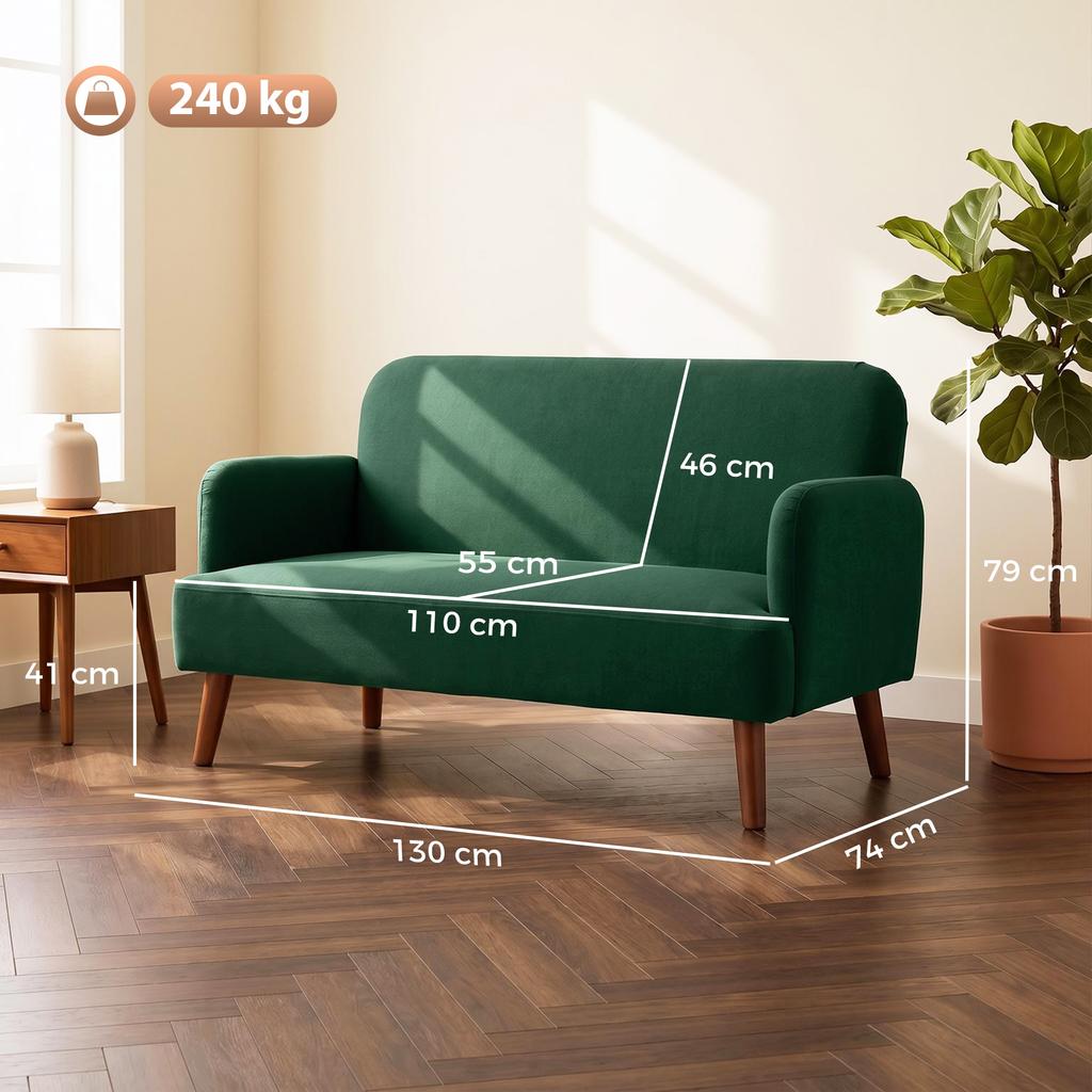 Velvet Feel Fabric 2 Seater Sofa, Small Sofa Loveseat with 21cm Thick Padding and Wood Legs, Dark Green