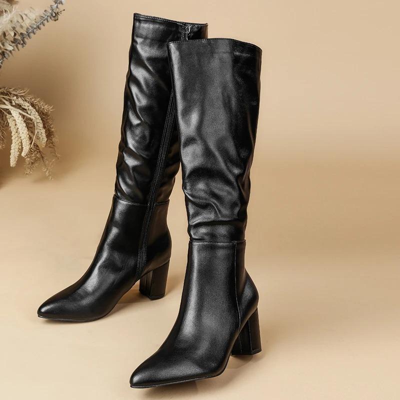 Eilyken 2026 Fashion Square Heels Pointed Toe Women Knee-High Boots Autumn Winter Shoes Punk Style Zipper Long Booties