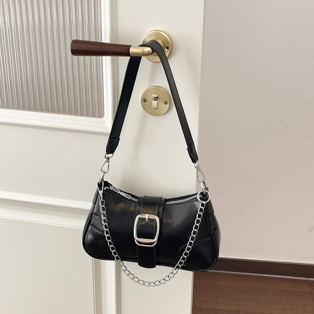 Silver Shoulder Bag Chain Handbag Fashion Bag Solid Color Pu Leather Ladies Bag French Style Underarm Shopper Purse Black Bolsos