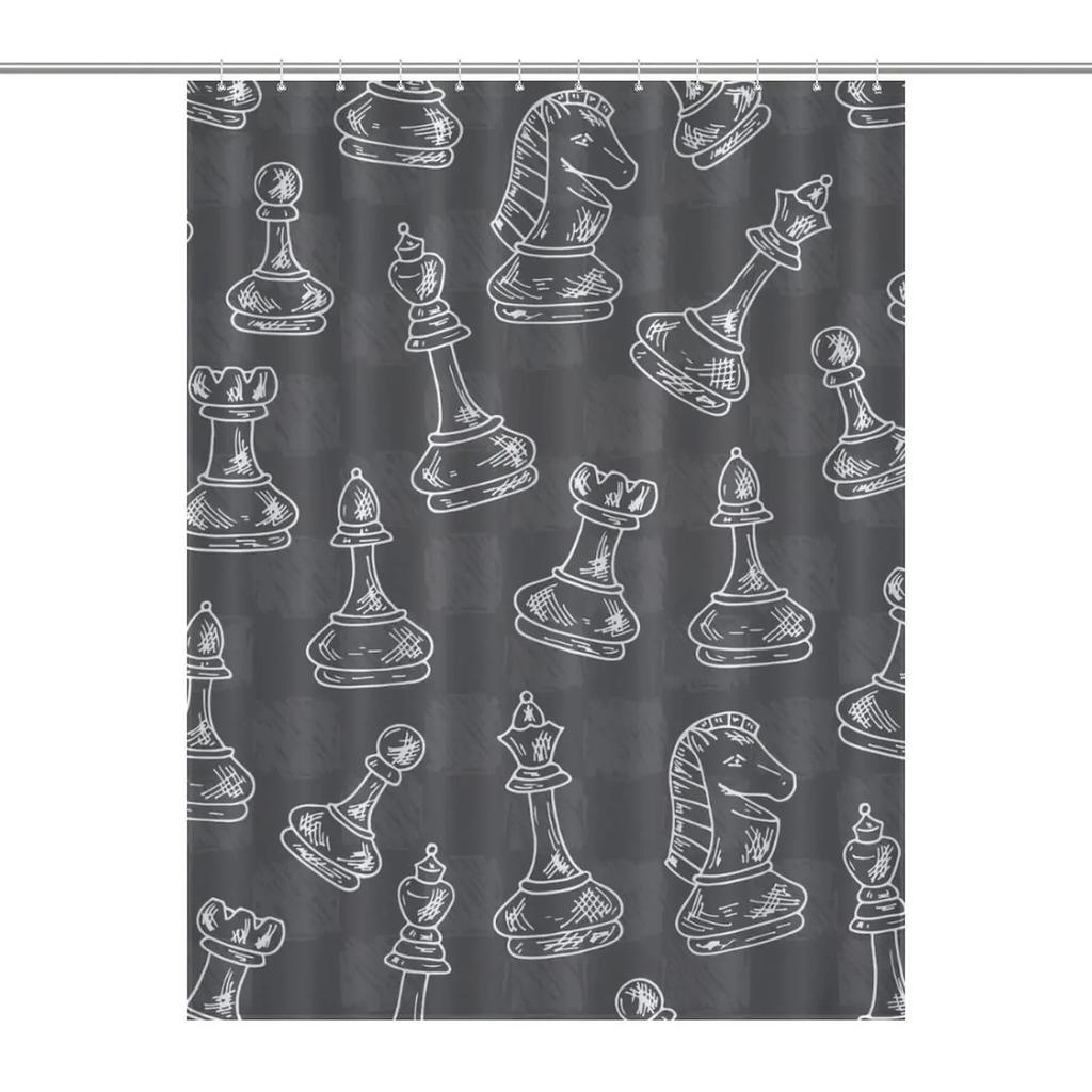 Chess Shower Curtain Horse Head International Chess Stripes Bathroom Curtains Chessboard Waterproof Board Game Bath Curtains Set