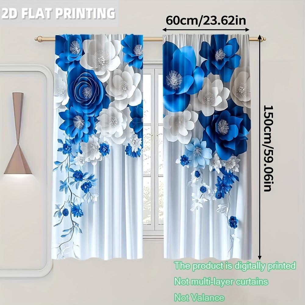 Set Of 2 Blue Floral Curtains Bedroom Living Room Study Office Curtain Blackout For Sitting Made Polyester With Rod Pocket