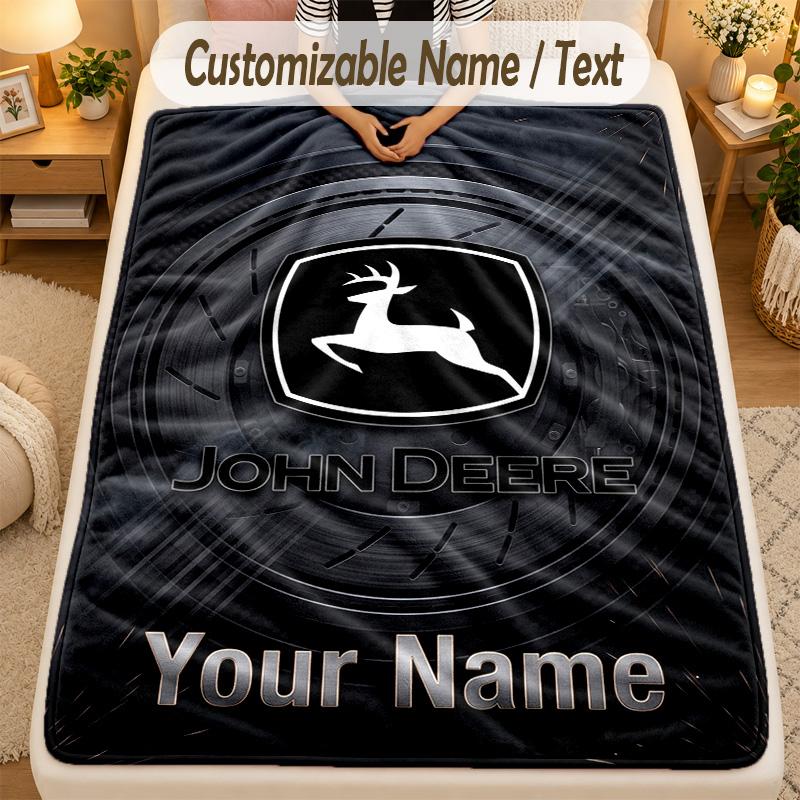 Flannel BlanketJohn Deere Custom Name Text Personalized Soft Warm Throw Blanket Home Decor Gift