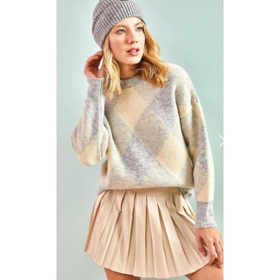 Kadın Kare Desenli Triko Kazak Standart Beden