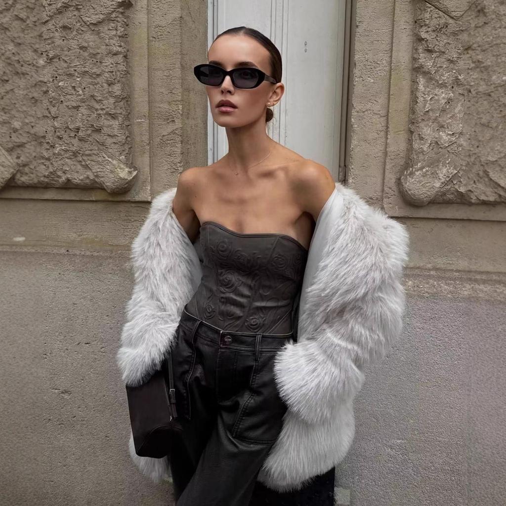 Eco-Friendly Faux Fur Women's Mid-Length Coat - Warm Fuzzy Winter Jacket