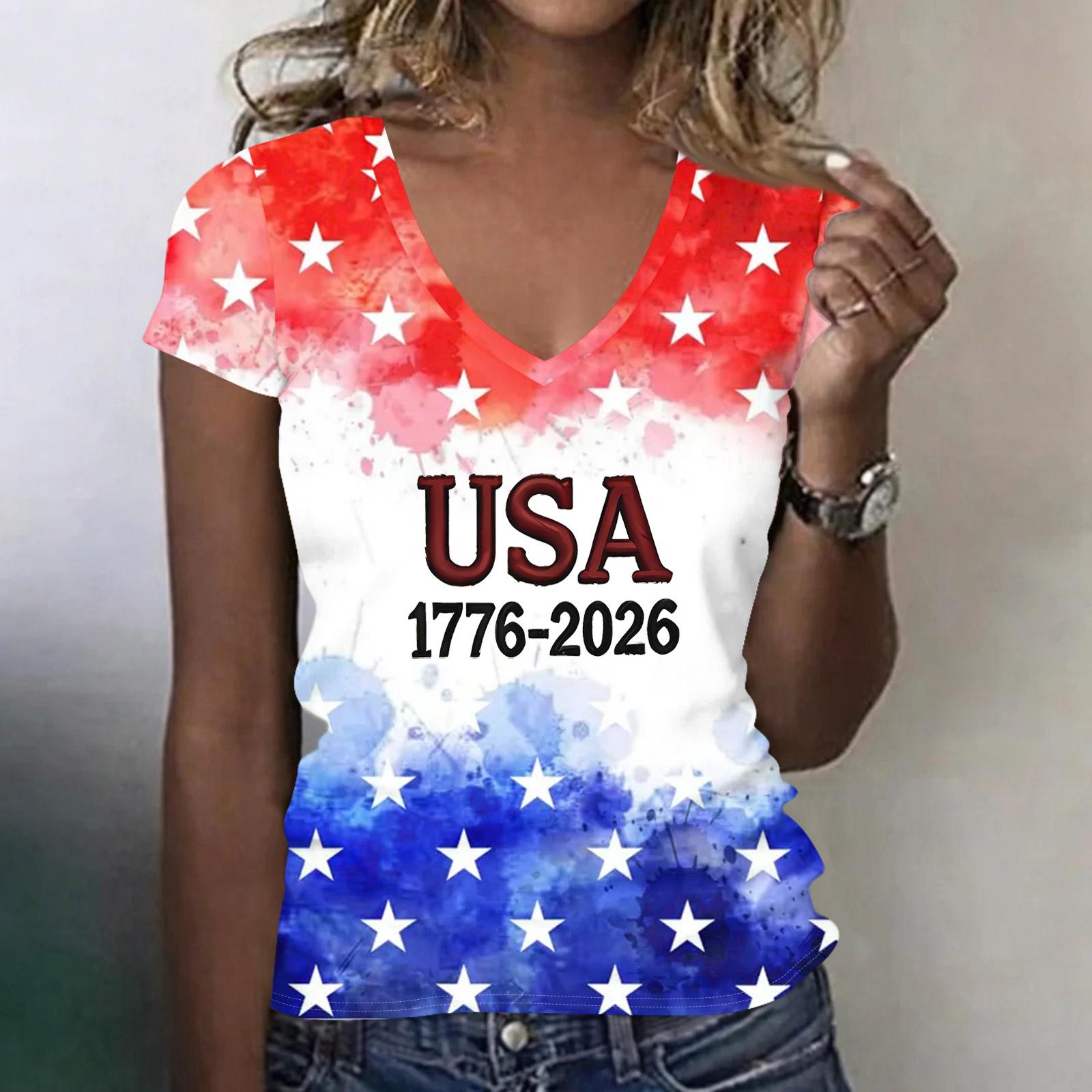 

Women V Neck Short Sleeve Lightweight Top USA Patriotic Print Independence Day Casual Tee Shirt M