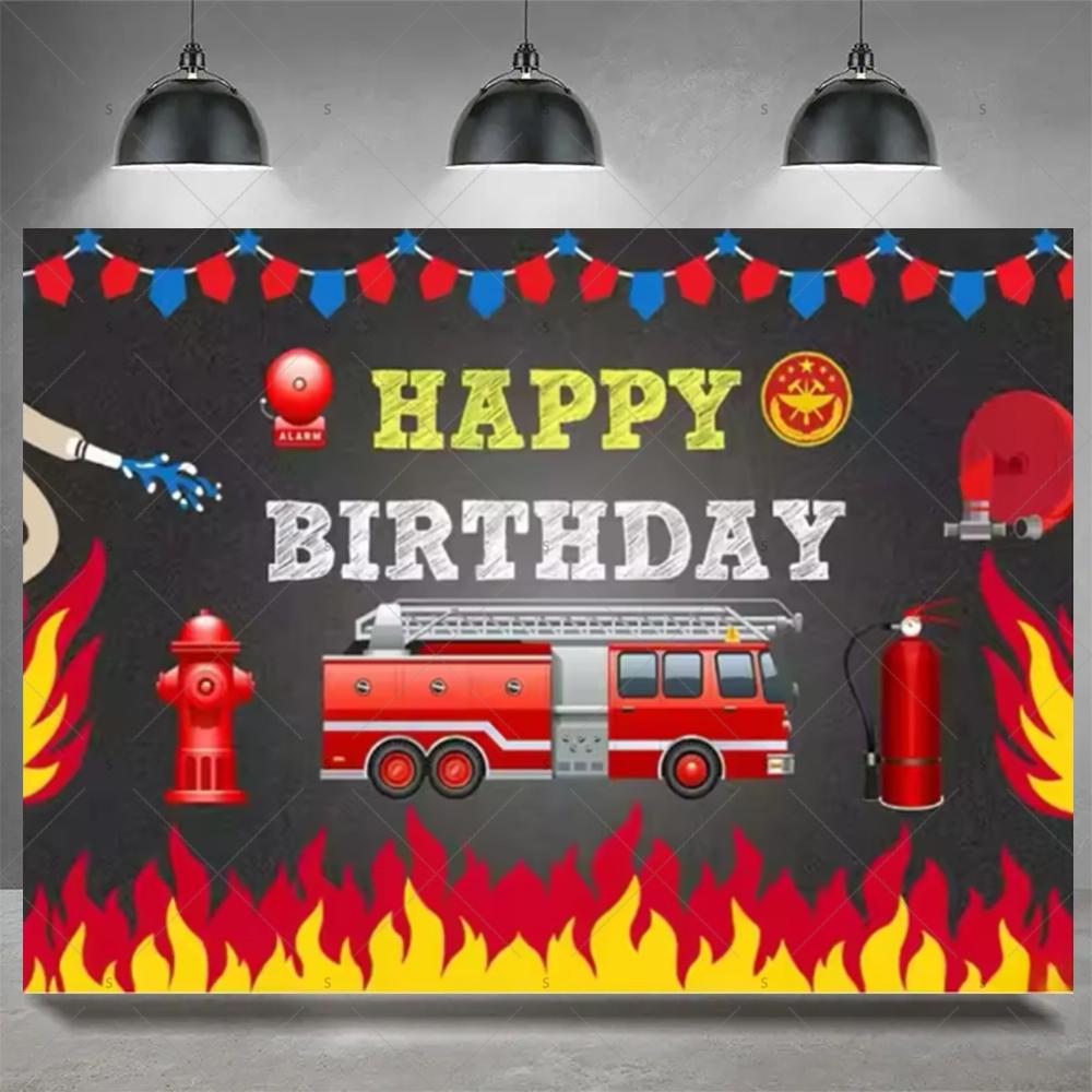 Firefighter Firetruck Theme BackgroundRed Fire Truck Children Boy Birthday Party Decor Baby Shower Photography Backdrop Props