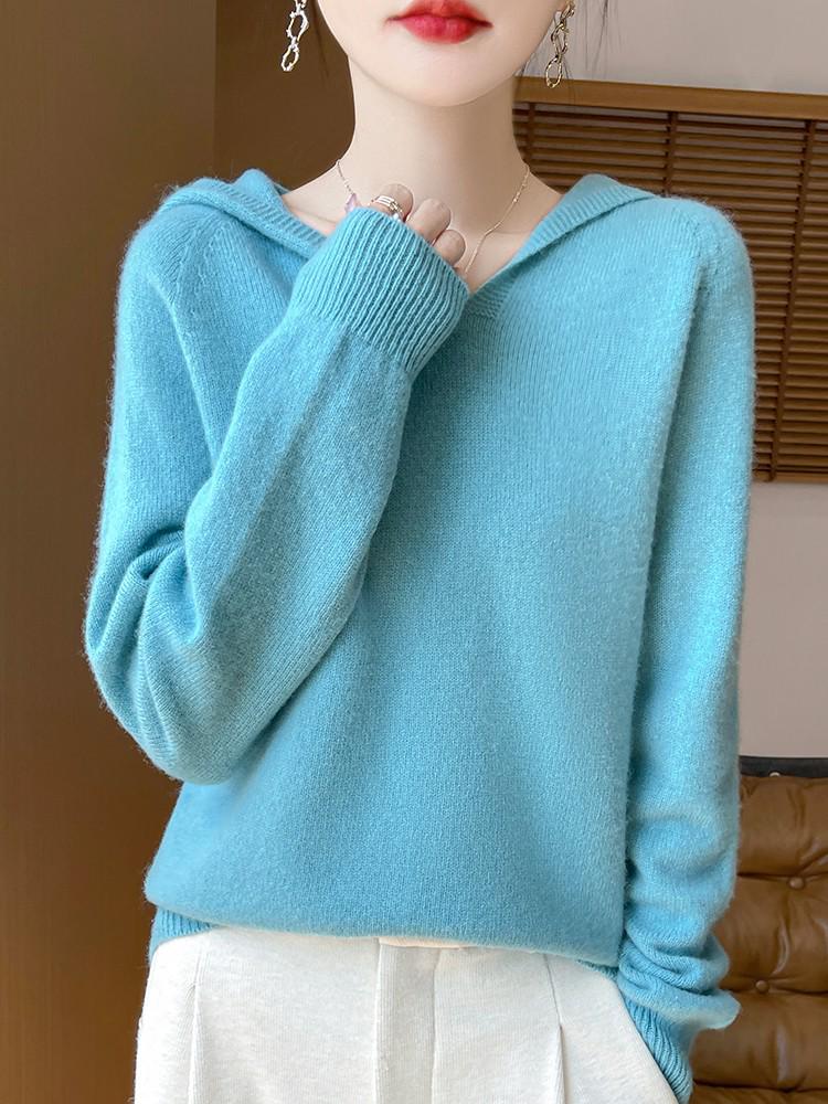 Women's Thick Versatile Wool-Cashmere Knit Hooded Pullover for Autumn/Winter