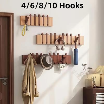 [Wall-Mounted Coat Rack] 1pc Natural Wood Wall-Mounted Coat Rack with Hooks -Piano-Shaped Accordion Design,Walnut Finish,Space-Saving Vertical Storage