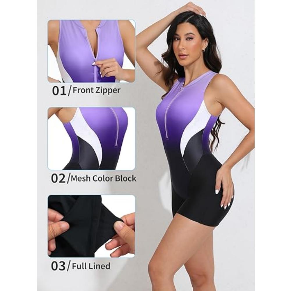 CHARMLEAKS Athletic One Piece Swimsuits for Women Zipper Up Bathing Suits Modest Boyleg Swimwear