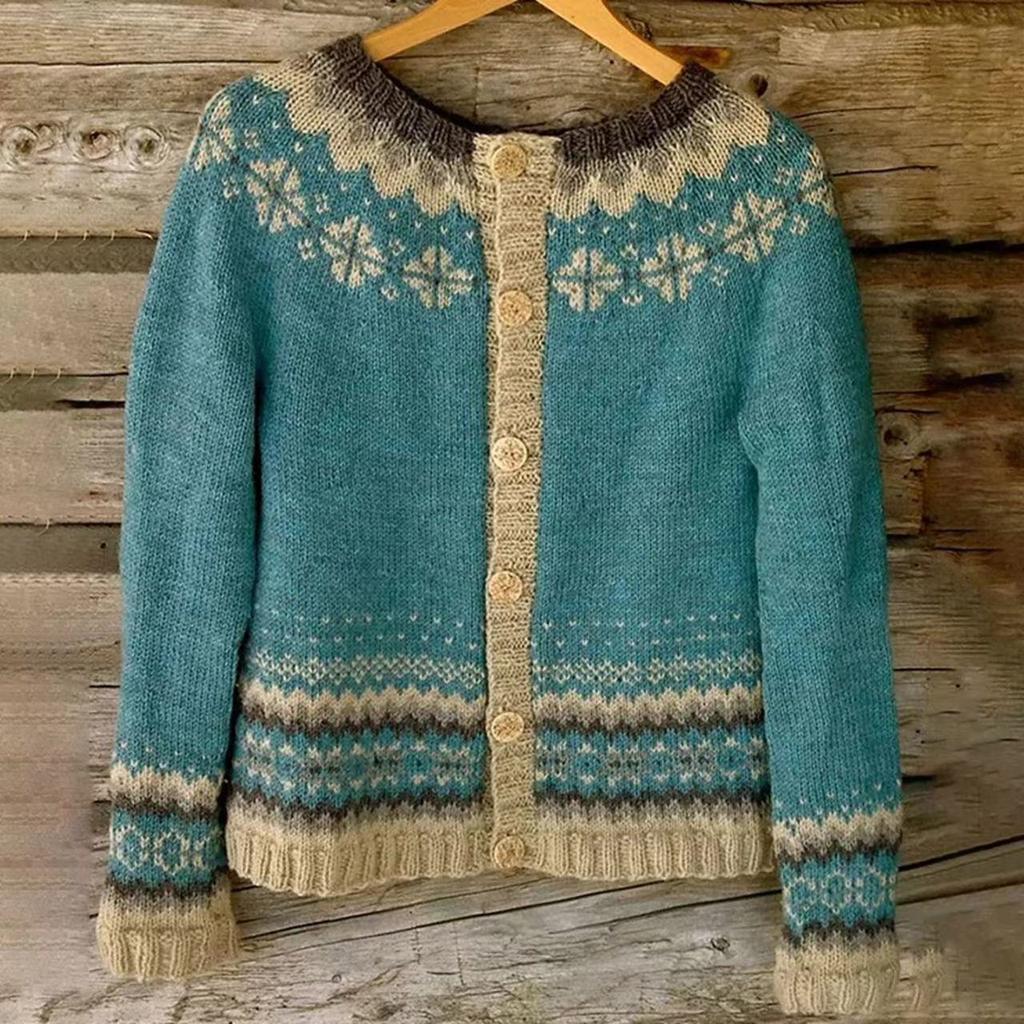 Women's Pink V-Neck Knit Cardigan with Jacquard Floral Pattern