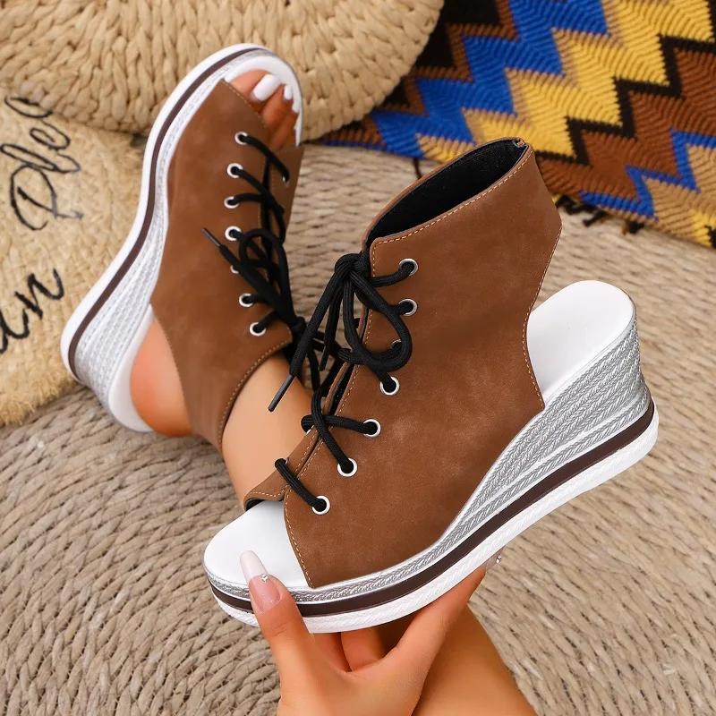 Fashion Wedge Sandals Women Summer New Round Toe Open Toe Front Strappy Platform Non-Slip Wear-Resistant Back Empty Heels Shoes