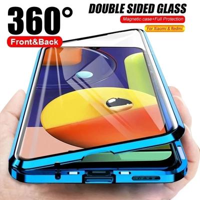 Luxury Metal Magnetic Case for Xiaomi Redmi Note 10 11 12 S 9T 9 S 9A 9C 8 T 7 Pro Lite Double Sided Glass Cover POCO M3 X3 F3 X5 Shockproof Case