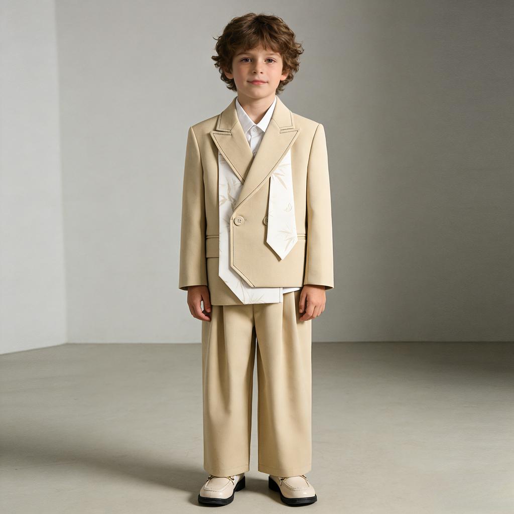 Boys Chinese Style Suit Set Bamboo Print Blazer Vest Pants Shirt for Wedding Birthday Party Photoshoot Kids School Formal Outfit