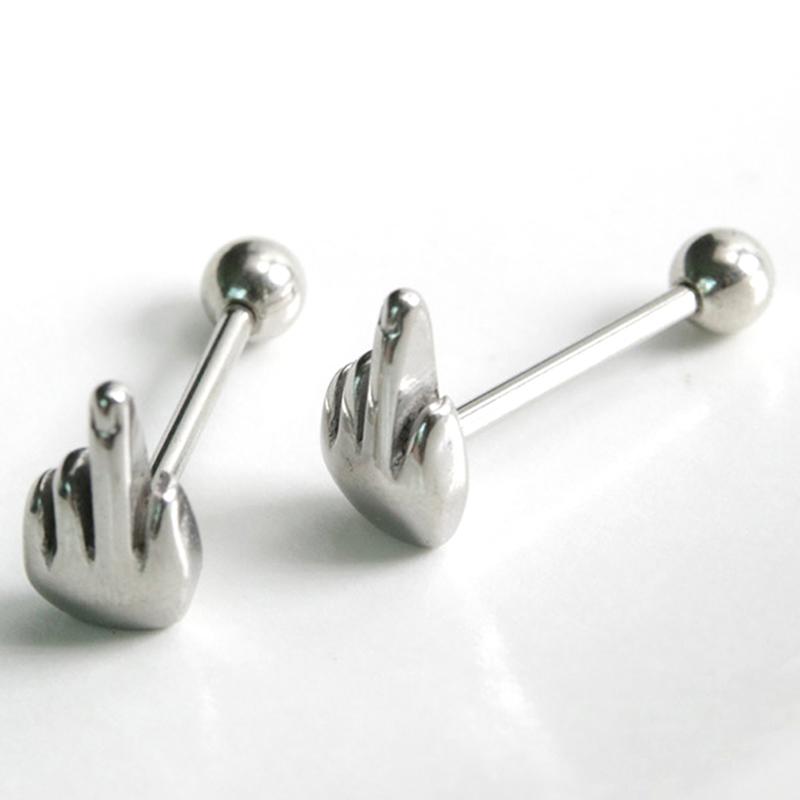 Surgical Steel Middle Finger Gesture Tongue Barbell Stud Piercing Rings Punk