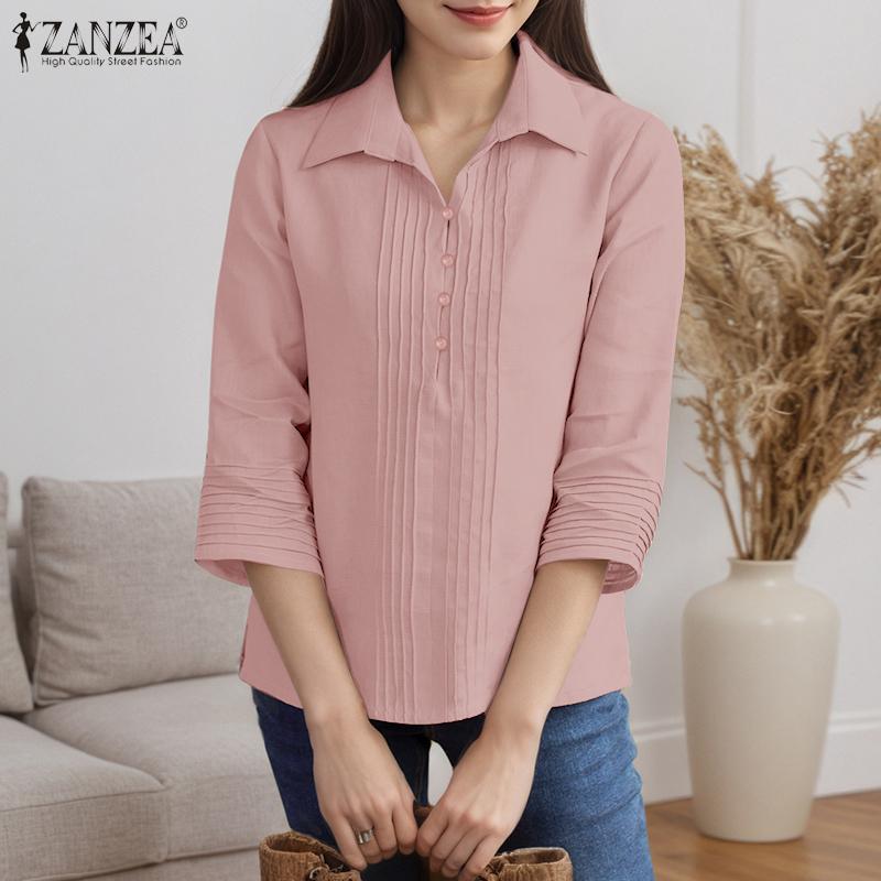 ZANZEA Women Casual Turn Down Collar Solid Color 3/4 Sleeve Blouse