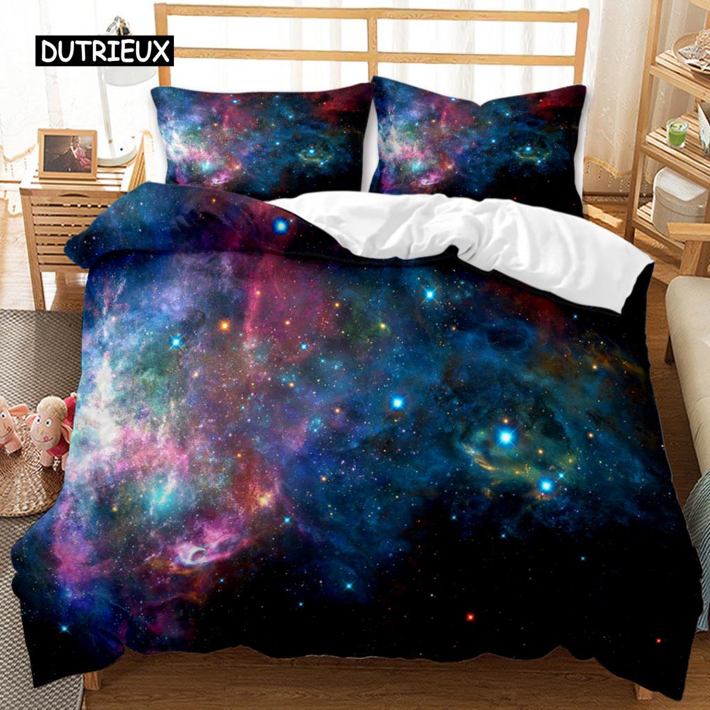 Sternenhimmel Bettbezug Staubige Gaswolke Nebel und Sternhaufen im Weltraum Polyester Bettwäscheset Doppel Queen King Size