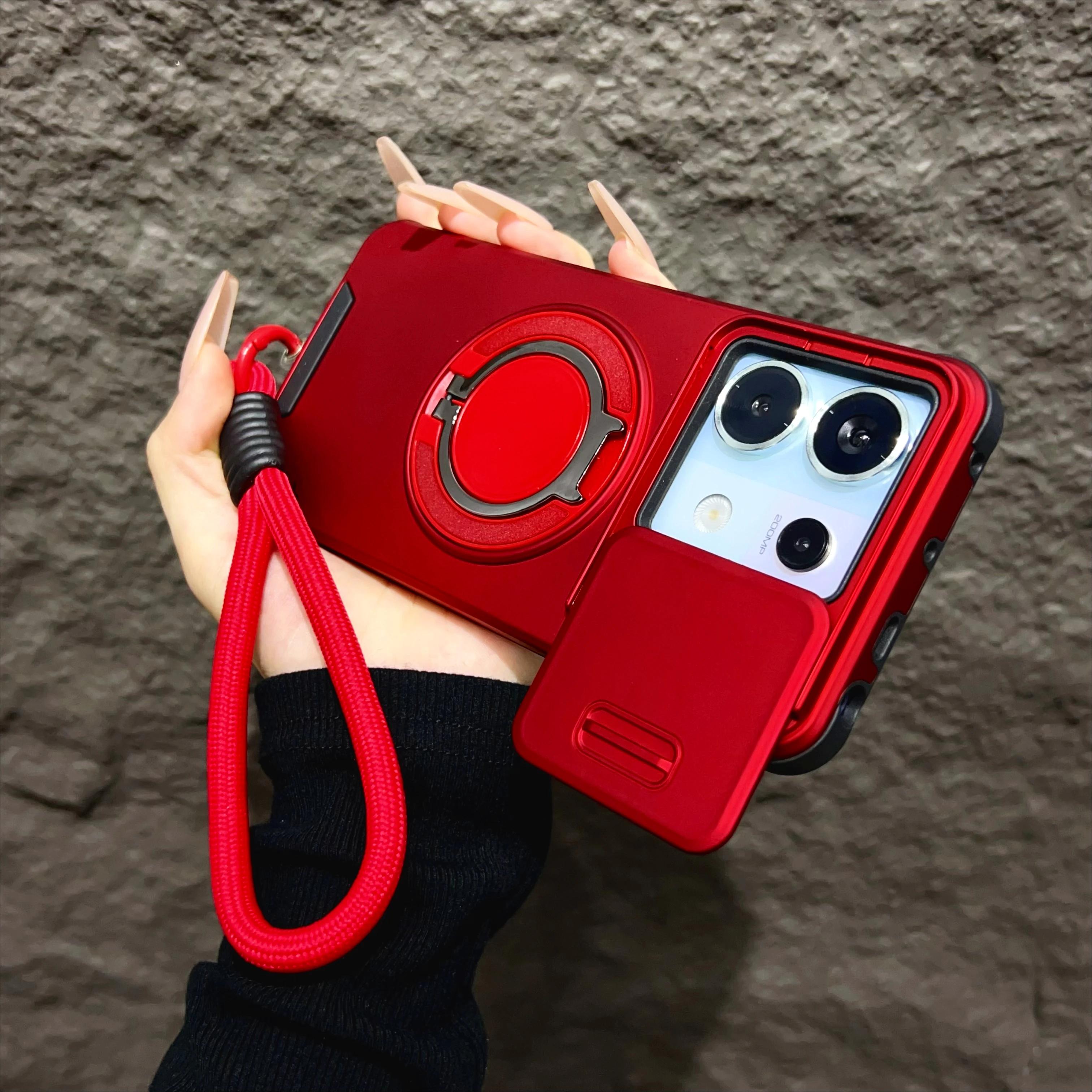 

Бронированный магнитный чехол для Redmi Note 14 13 Pro Plus 5G 4G Xiaomi 14 14T Pro со шнурком, сдвижная защита камеры, противоударный чехол Redmi NOTE13 PRO 4G красный