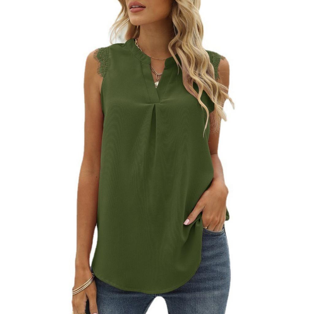 Spring Summer Women's Solid Color Shirt Loose V-neck Sleeveless Lace Trim Blouse, European American Style Casual Top