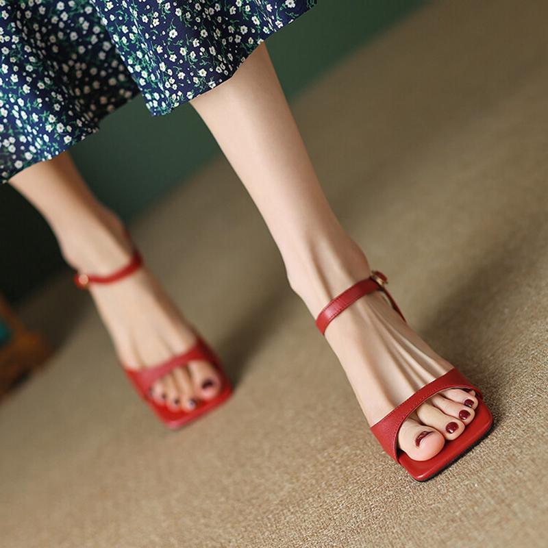 Fashion 2025 Summer Sandals Women Shoes Open-Toe Thin Heel Women Sandals Split Leather Square Toe Shoes for Women High Heels Handmade