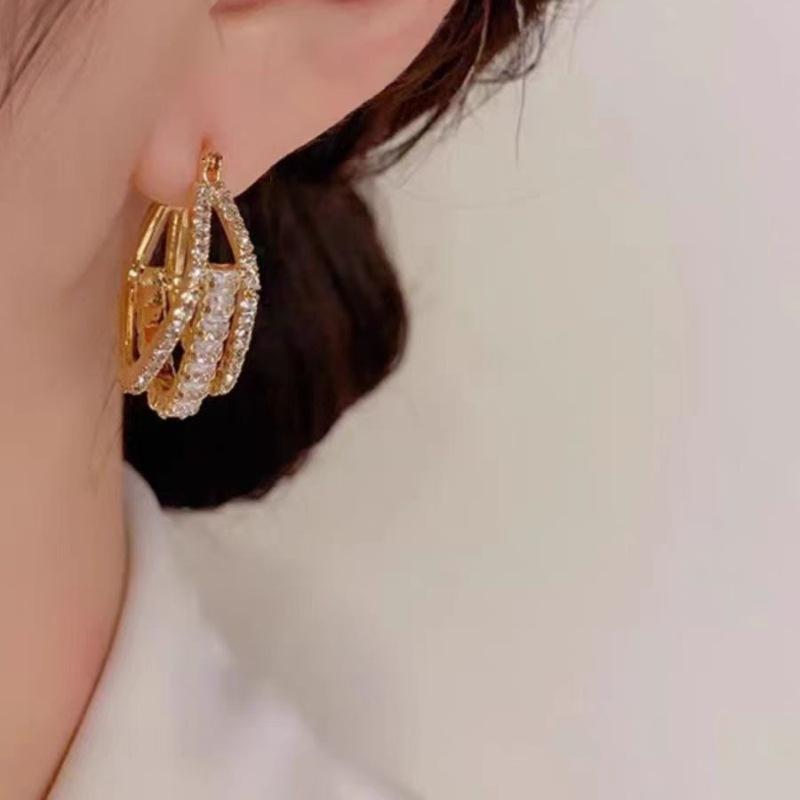 Fashionable Style Geometric Square Stud Earrings with Three Layers of Micro-set Zirconia Stones for Women
