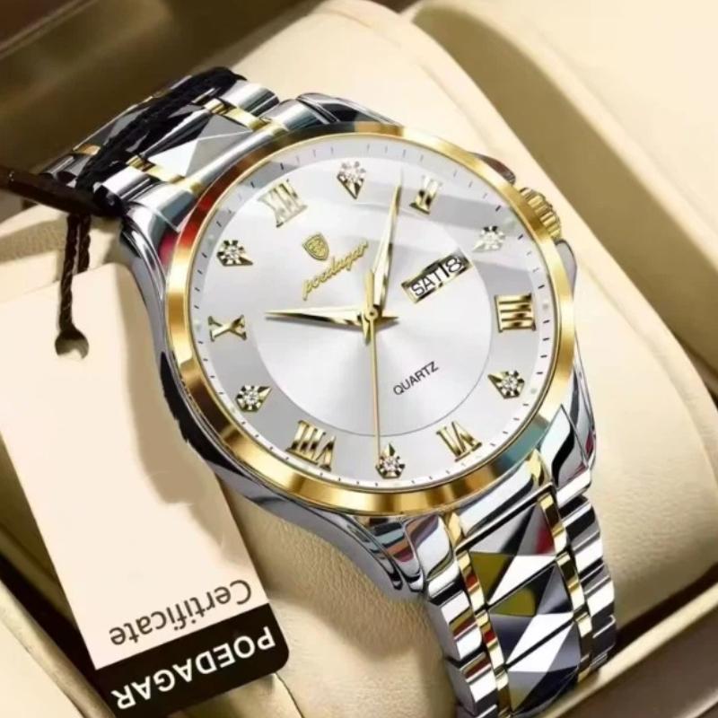 POEDAGAR Fashion Military Men Clock Waterproof Luminous Date Week Man Wristwatch Stainless Steel Quartz Watches Male Reloj