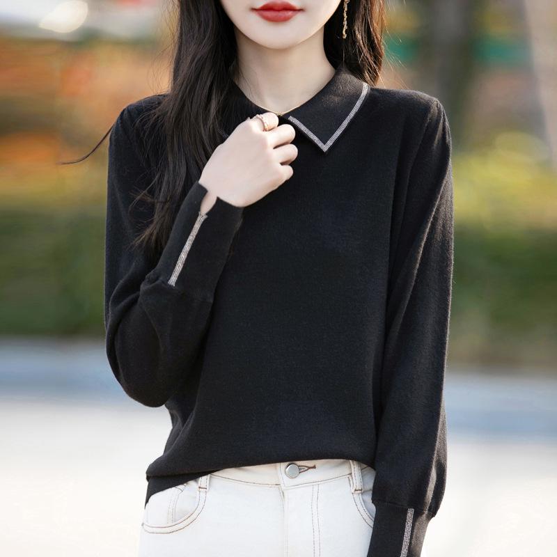 Women's Long-Sleeve Merino Wool Polo Sweater with Turn-Down Collar