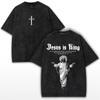Tričko Ježíš je Král s potiskem křesťanského kříže, Vintage praná bavlna, Retro náboženské grafické tričko, Streetwear Unisex top
