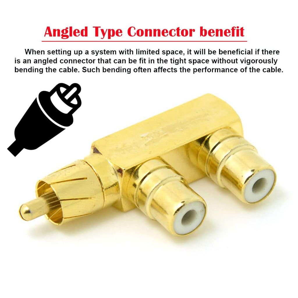 chenyang AV Audio Splitter Plug RCA 1 Male to 2 Female F Gold 90 Degree Angle Adapter, Connectors, Plated,