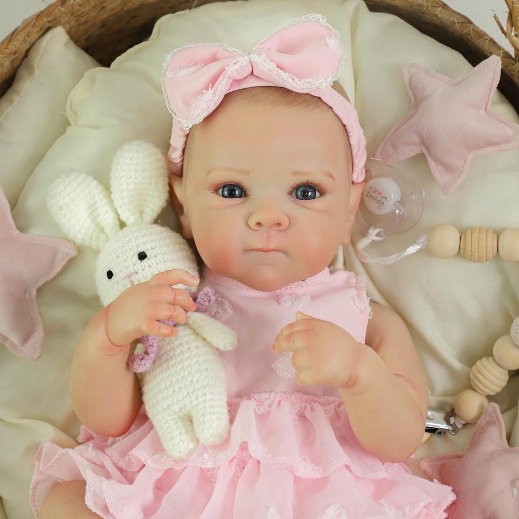 48cm Realistische Reborn-Puppe Badepuppe Bettie- Vollvinylkörper mit handbemaltem Haar & rosa Prinzessinnenkleid
