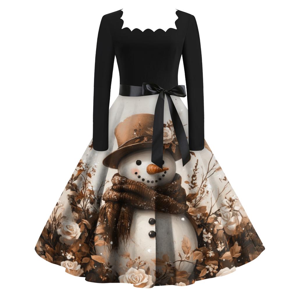 Women's Fashion Retro Long-sleeved Square Collar Christmas Printed Evening Dress