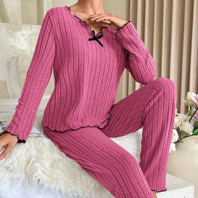 Ensemble de 2 pièces pour femme, haut et pantalon à manches longues, col en V, nœud, froncé, décoration, haut, taille élastique, pantalon, tenue de maison, pyjama